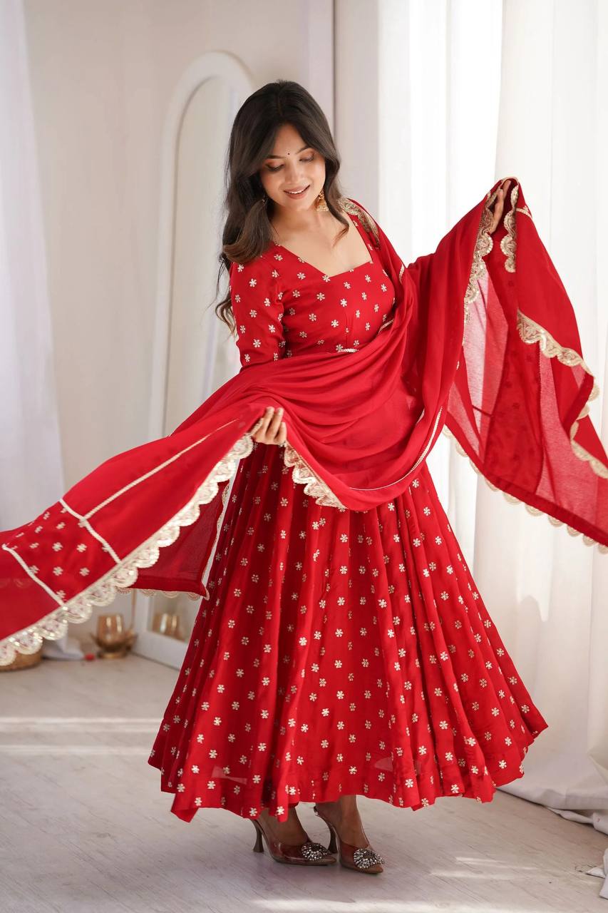 Radiant Crimson Red Flared Anarkali Suit Set Adorned with Delicate Silver Starburst Motifs and an Ornate Scalloped Dupatta
